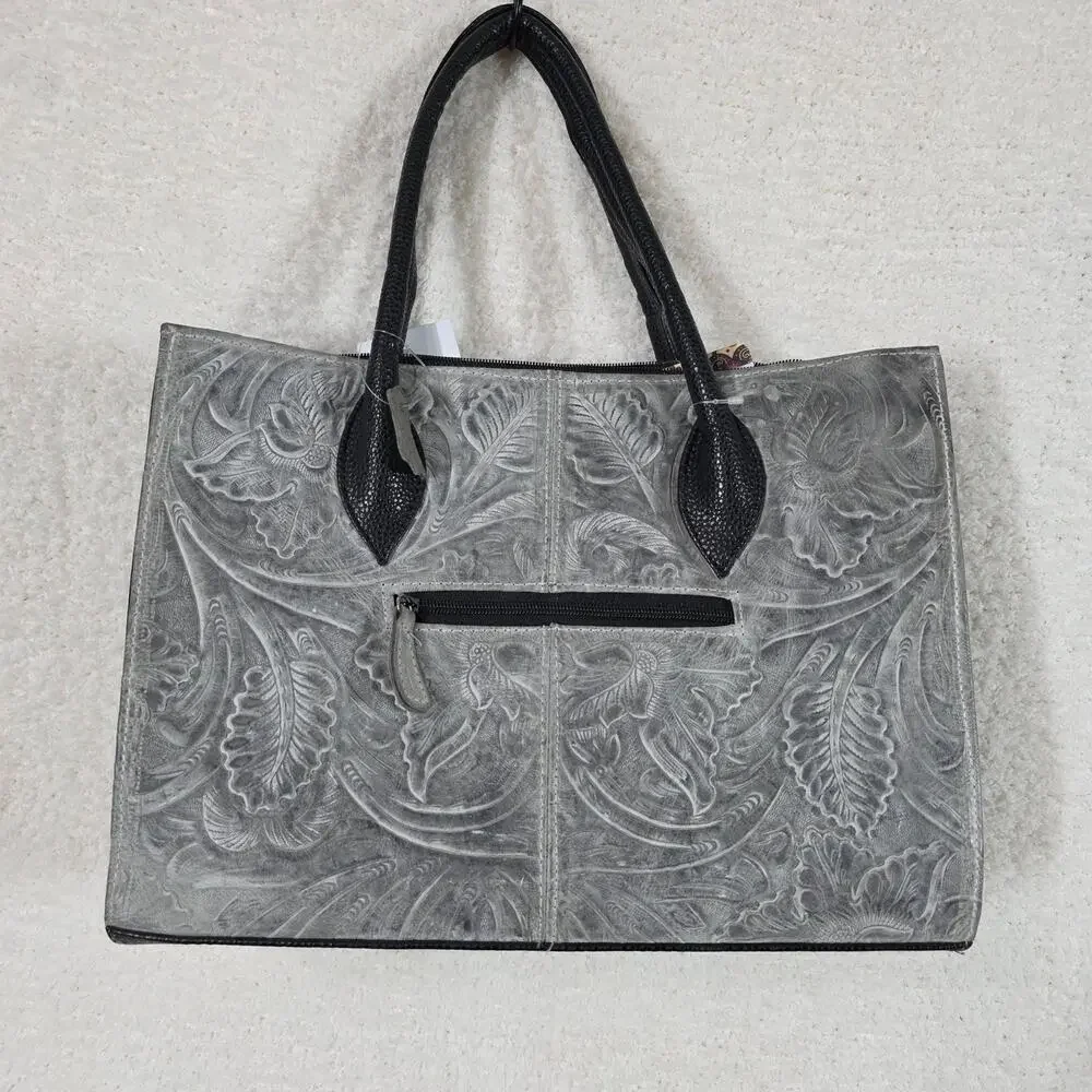 Mexican Gray and Black  Floral Embossed Leather Tote Bag - Picture 2 of 4